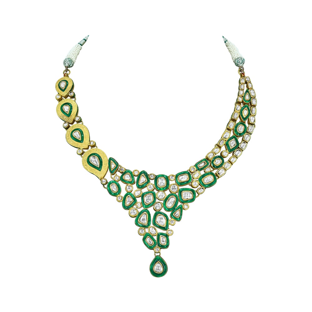 Cascading Polki Necklace with Green Enamel and Teardrop Center